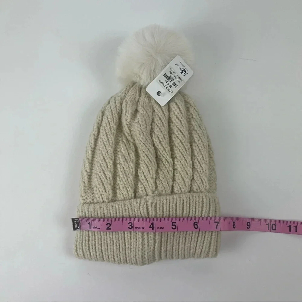 JC Sunny Just Classy Hat Womens One Size Beige Knit Fauc Fur Pom Pom Beanie